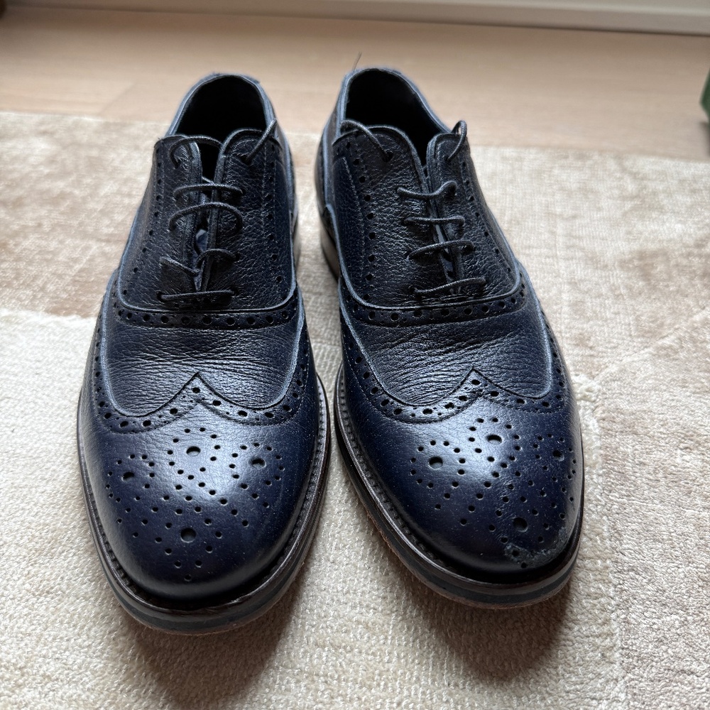 Savitti Made in Italy Men’s Navy Leather Wingtip Oxford Dress Shoes (Size 40)